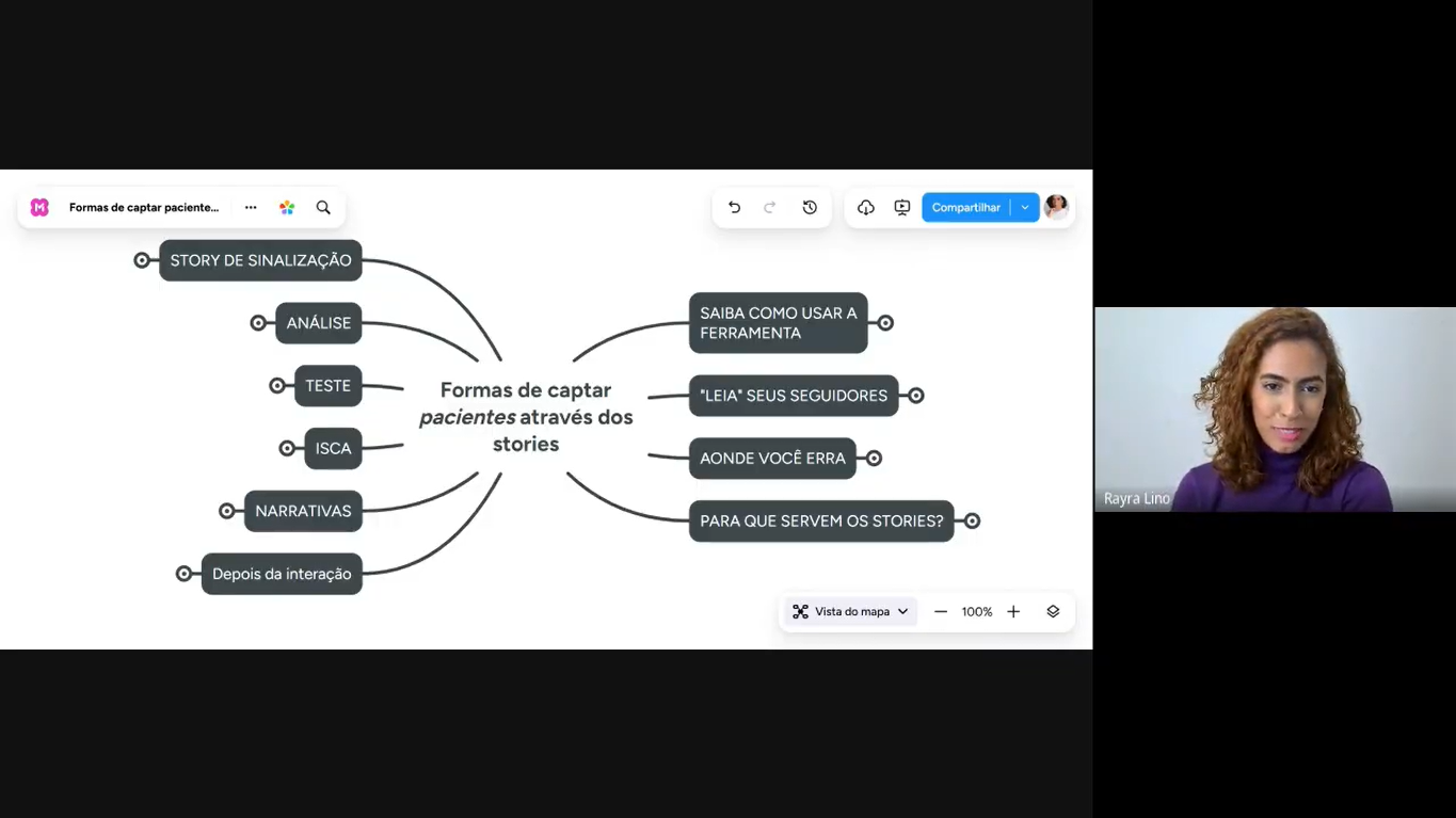 Aula ao vivo com mapa mental sobre captar pacientes pelos stories